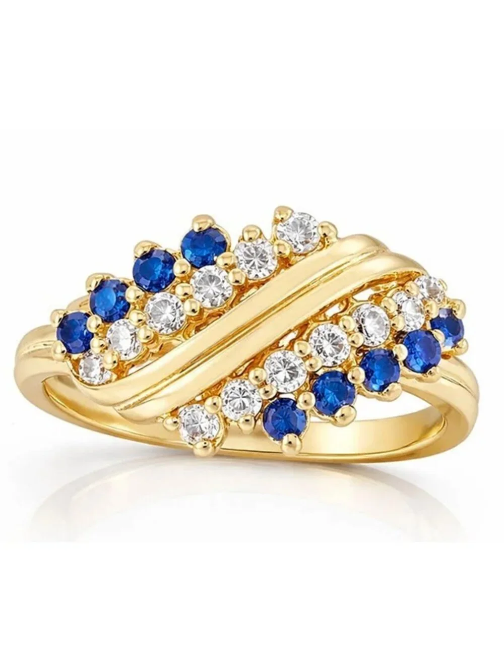 Created Blue & White Sapphire Ring Solid 14k Yellow Gold